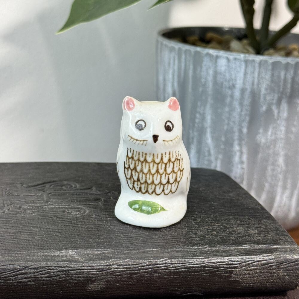 Vintage Porcelain Owl Figurine Miniature White Hand Painted Small Decor